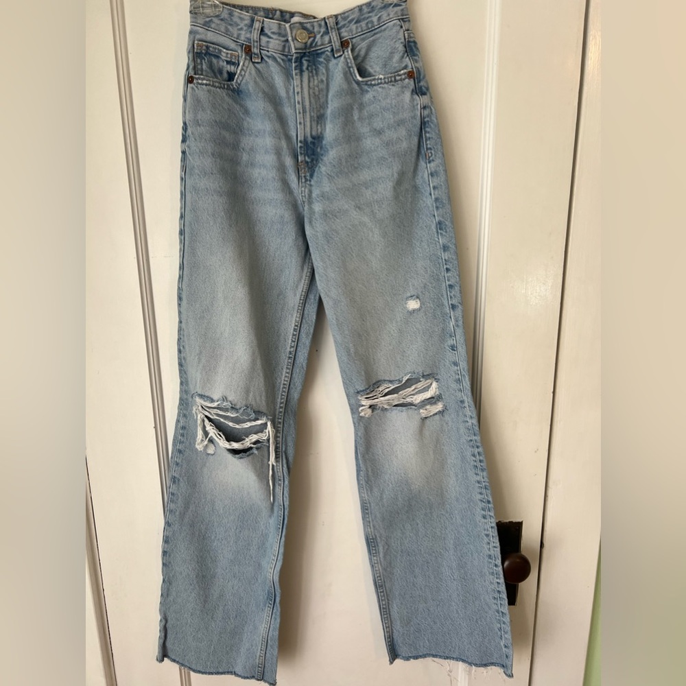 Zara Light Wash Distressed Wide Leg Jeans